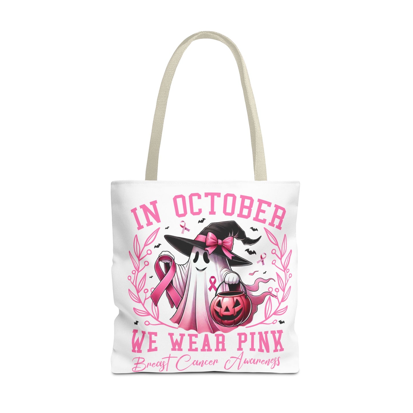 🎀 In October We Wear Pink Tote Bag – Breast Cancer Awareness with Spooky Charm 🎃