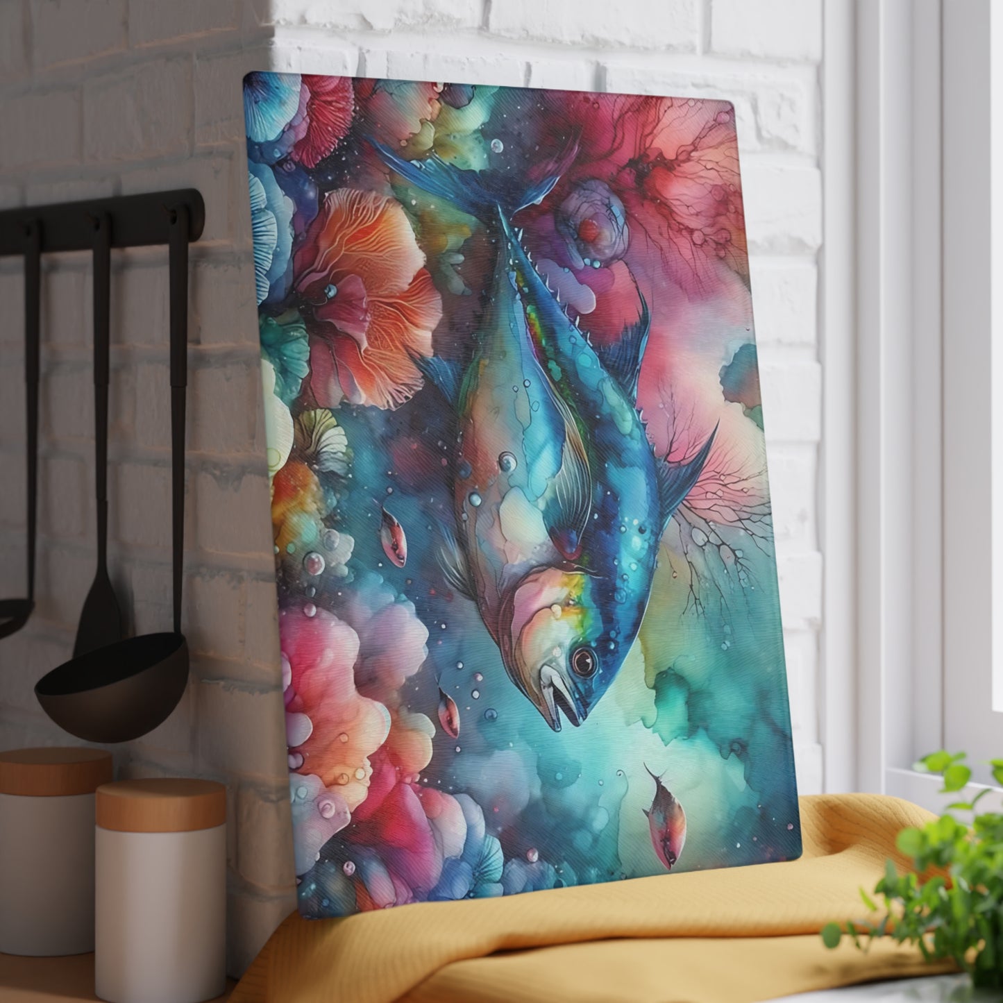 Tabla de cortar de vidrio con acuarela de atún: arte oceánico colorido para cocinas costeras y creativas