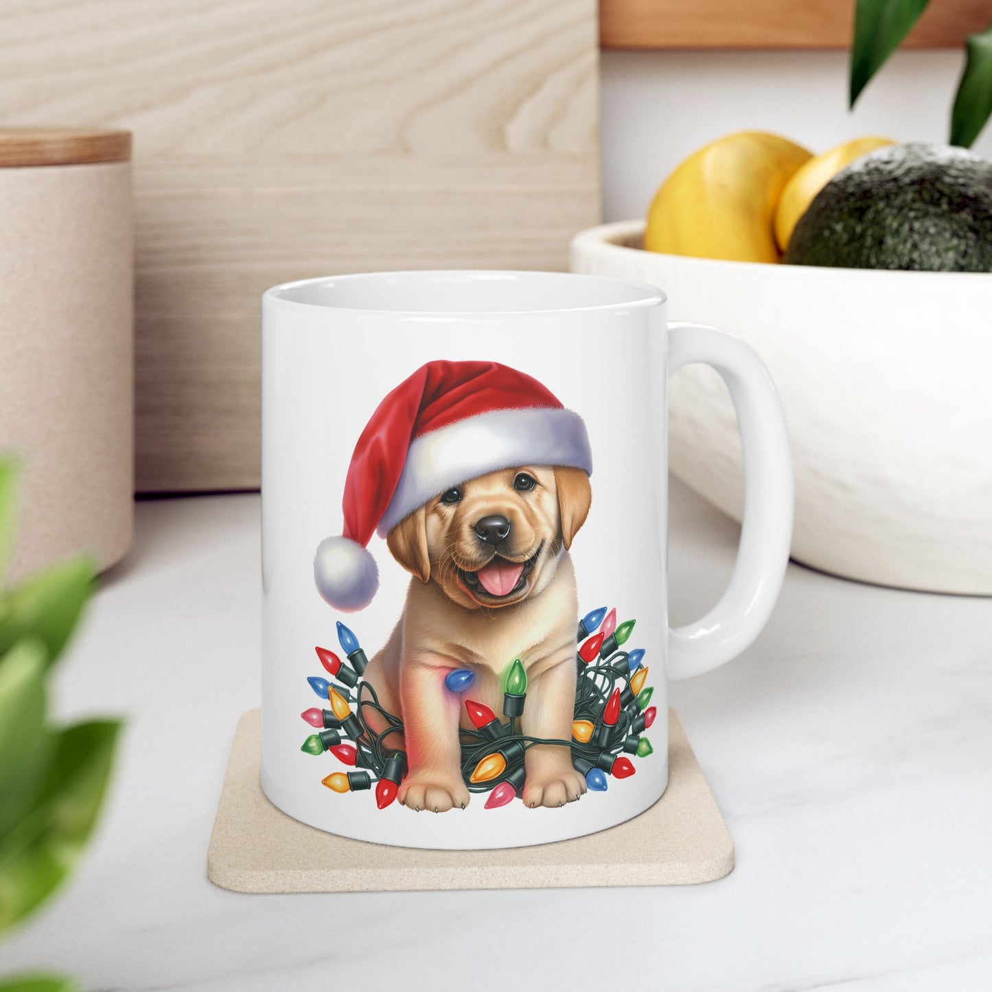 🎄 Labrador Puppy Christmas Mug – Santa Hat & Holiday Lights Cheer 🐾