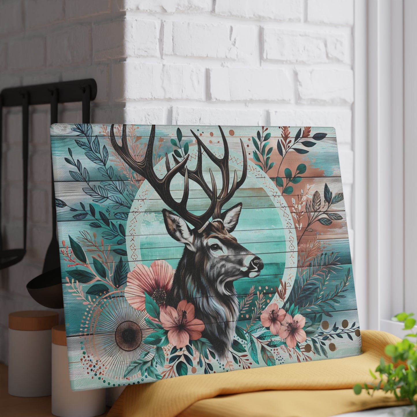 🦌🌸 Rustic Deer Floral Cutting Board – Woodland Cabin Kitchen Décor with Antlers & Flowers 🌿🏞️