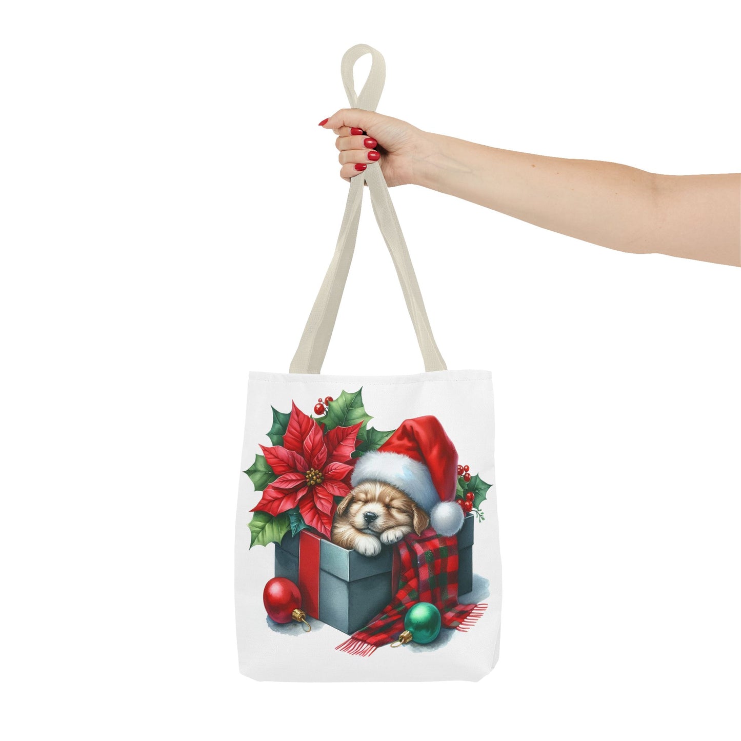 🎁 Sleeping Puppy in Gift Box Christmas Tote – Cozy Holiday Charm for Dog Lovers 🐾