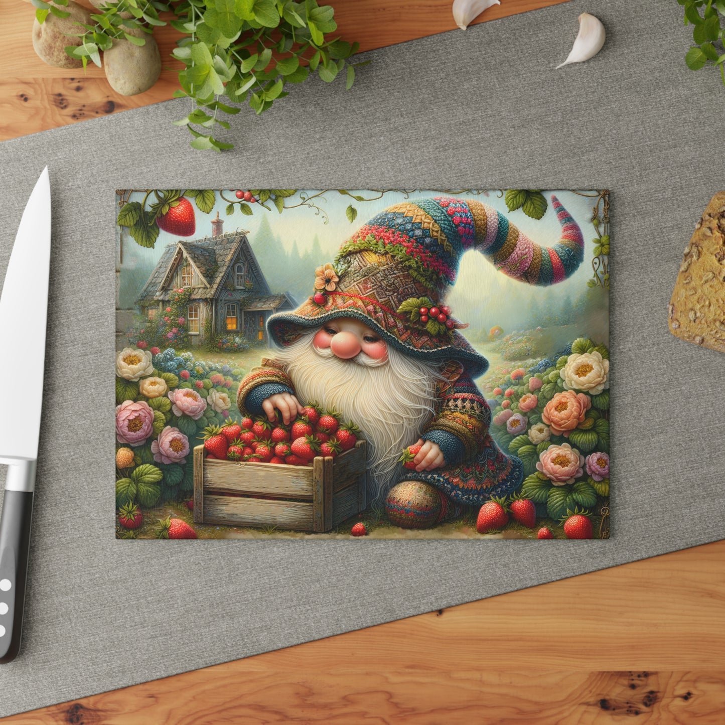 ๐๐งโโ๏ธ Strawberry Gnome Harvest Cutting Board โ Whimsical Charm for Your Cottage Kitchen