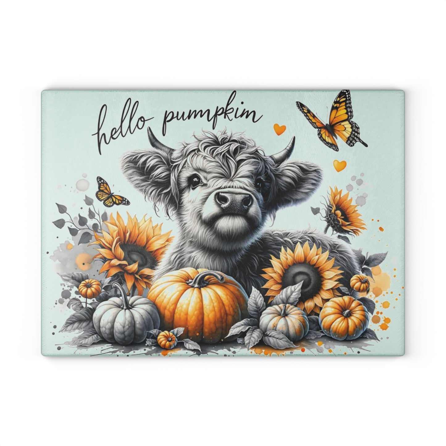 🐮🎃 Hello Pumpkin Highland Cow Cutting Board – Autumn Charm with Sunflowers & Butterflies 🍂🦋