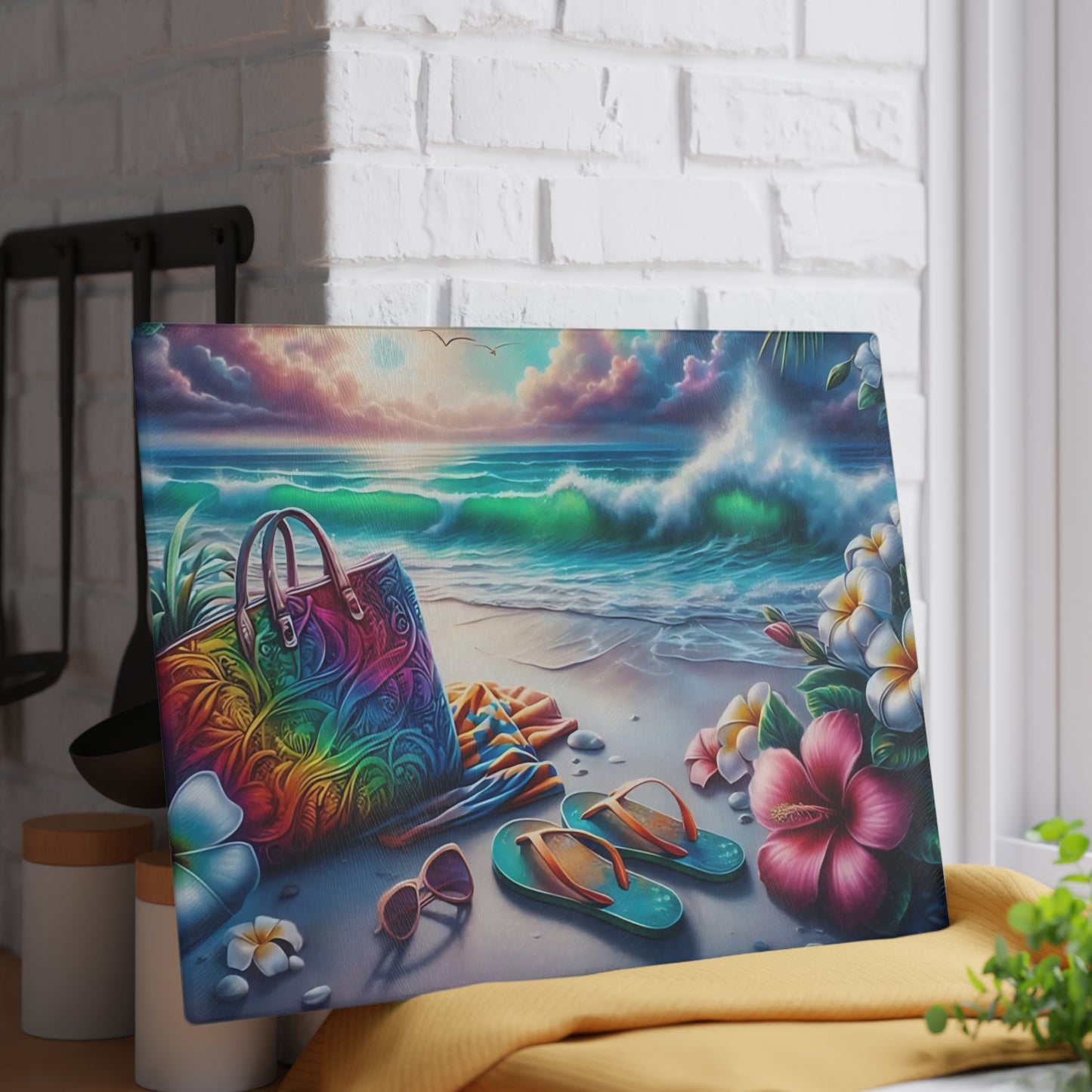 Tabla de cortar de vidrio "Día de Playa Tropical" - Decoración de cocina con ambiente veraniego, decoración costera, arte oceánico, regalo playero, tabla de cortar de vidrio, decoración de cocina tropical, aspecto pintado a mano, escena playera
