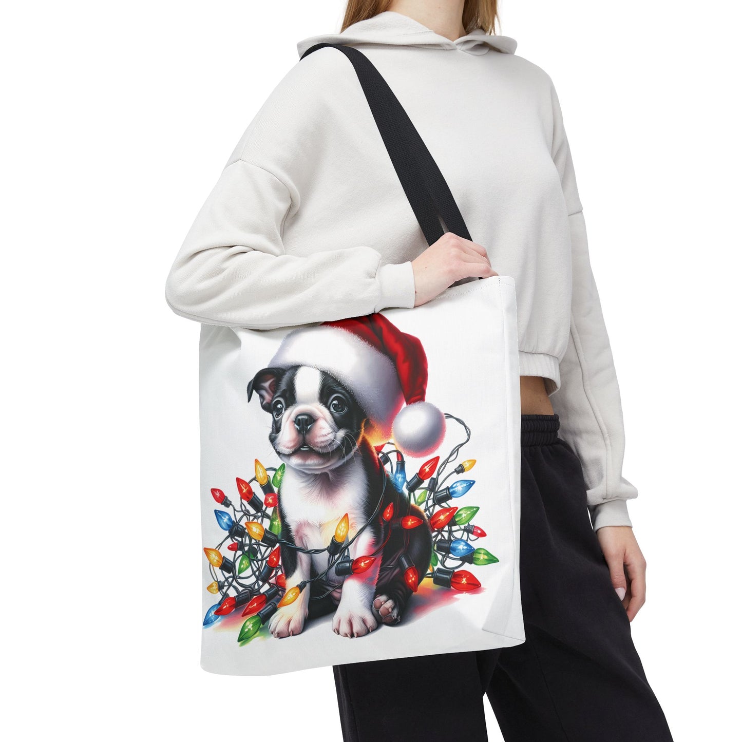 👜 Boston Terrier Christmas Lights Tote Bag – Holiday Sparkle Meets Puppy Love 🎄