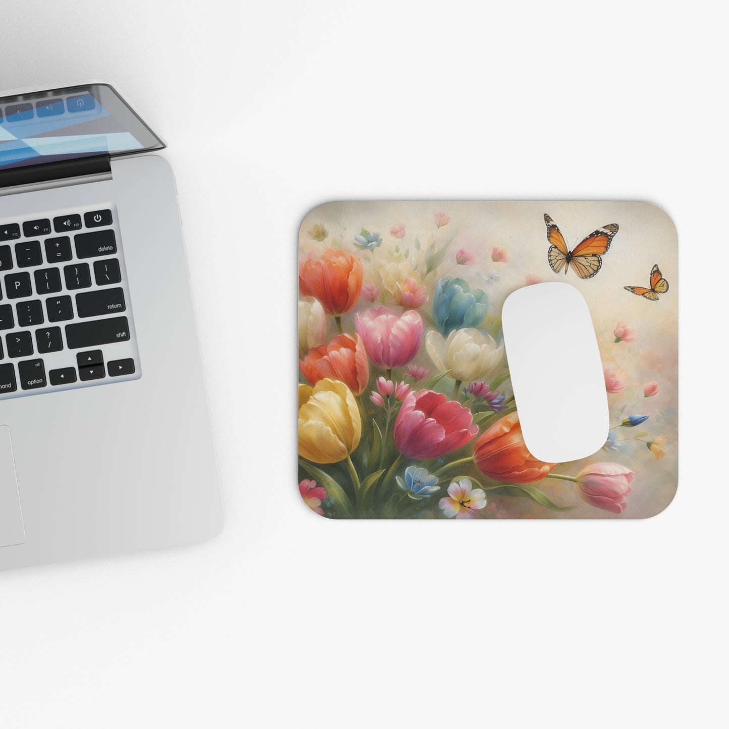 Butterfly & Tulip Floral Mouse Pad – Elegant Spring Garden Desk Accessory