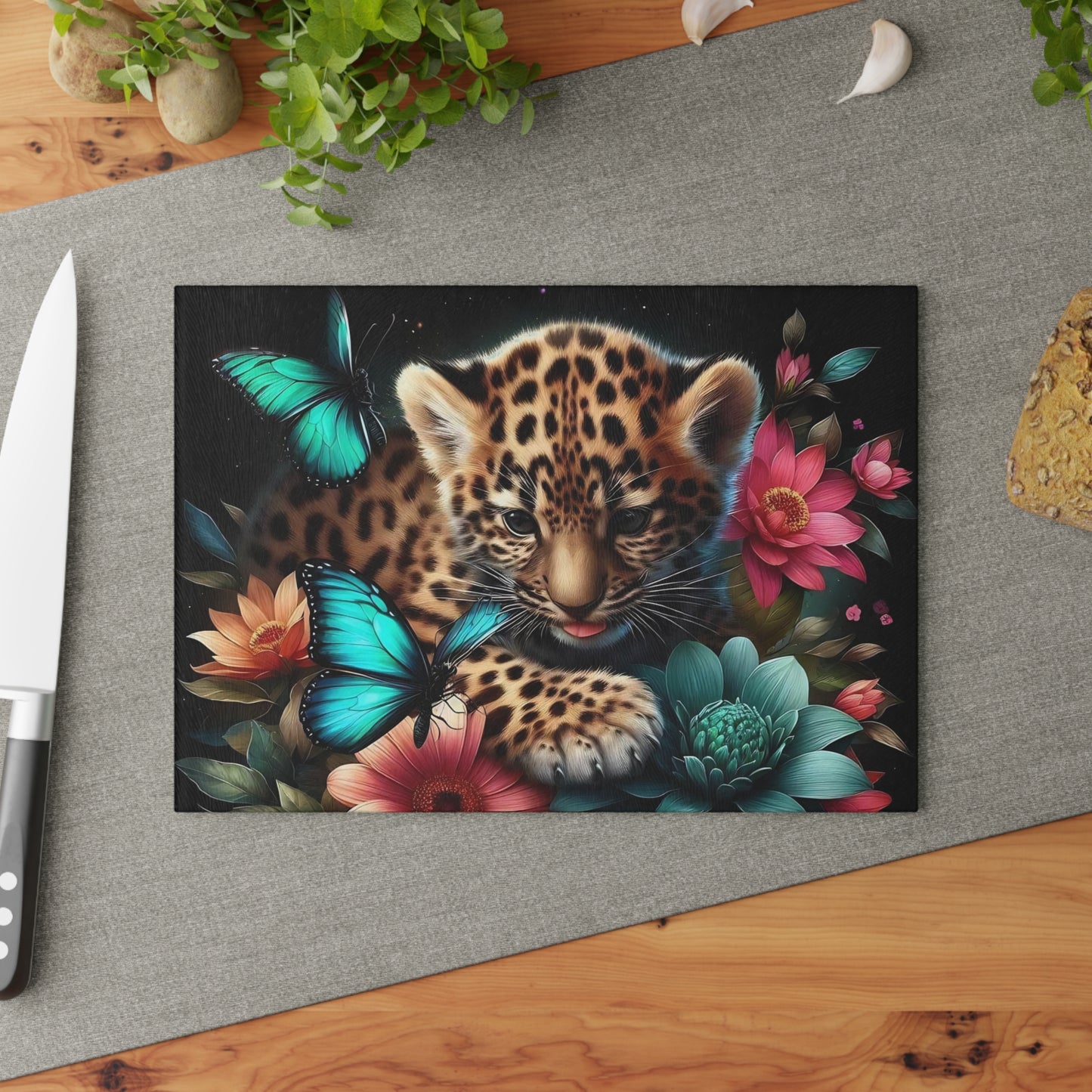 🦋 Leopard Cub & Blue Butterfly Cutting Board – Whimsy Meets Wild in Bloom 🌸🐆