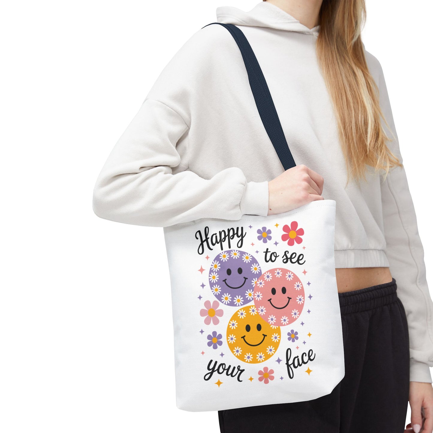 ๐ผ Happy Face Daisy Tote Bag โ Retro Smiles with Floral Charm ๐ธ