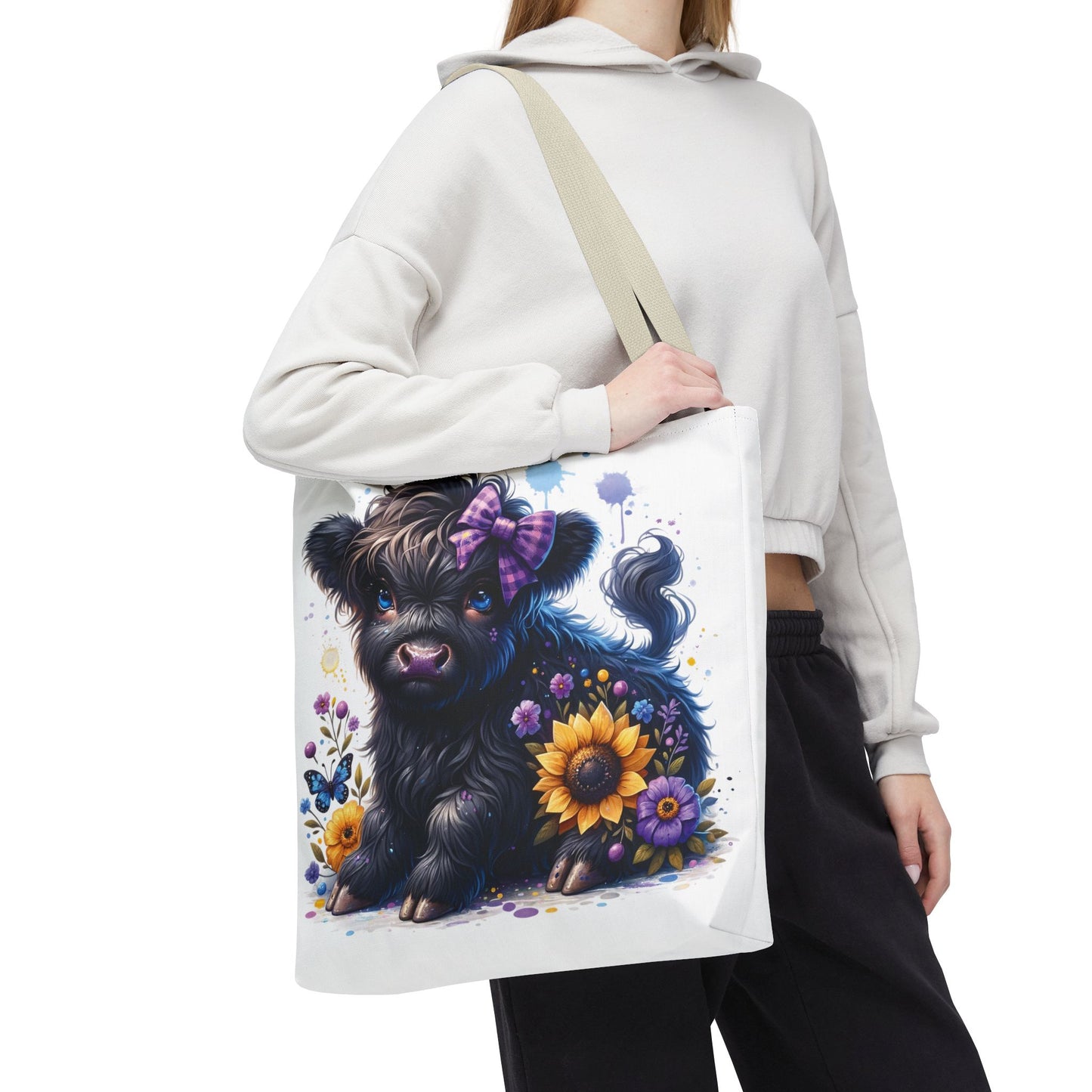 💜 Purple Bow Black Highland Calf Tote Bag – Country Charm with a Pop of Color 🐮👜
