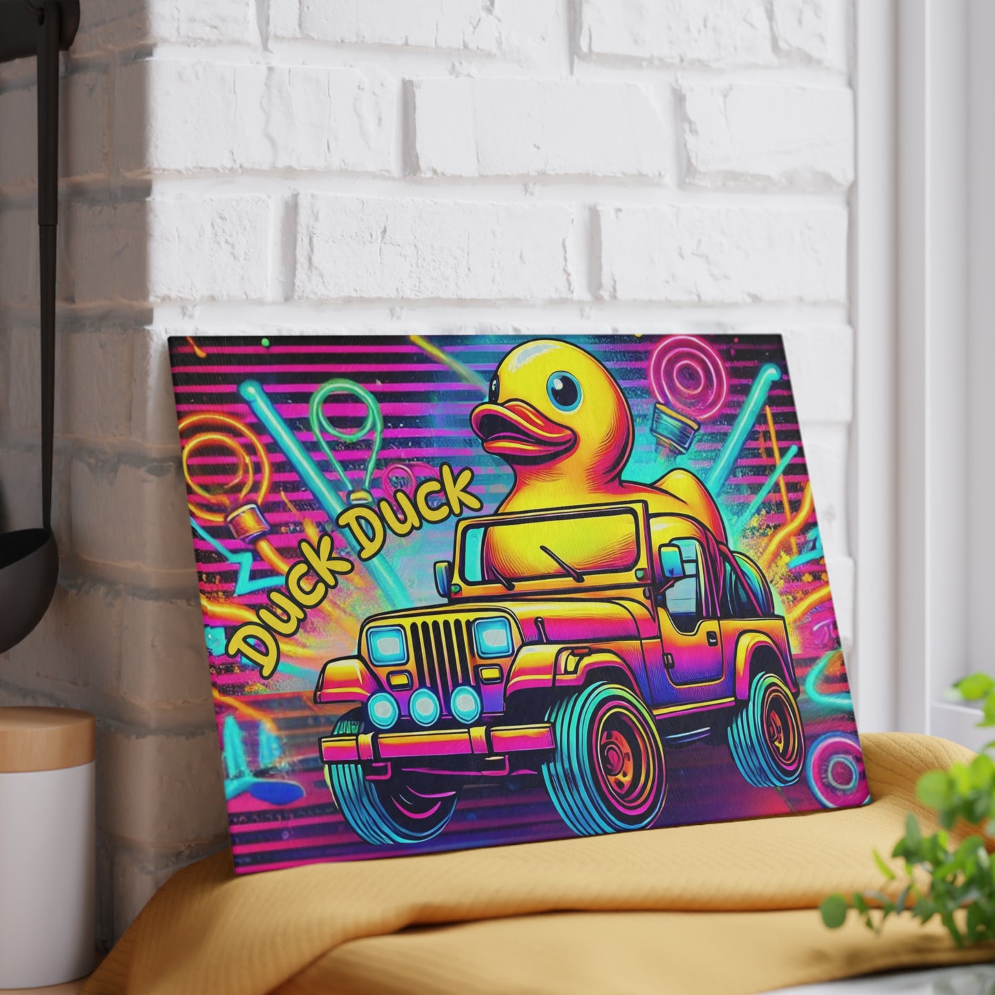 Tabla de cortar de vidrio con diseño de jeep neón y patito de goma: decoración todoterreno vibrante para la cocina, tabla de cortar para jeep, jeep neón, jeep con patito de goma