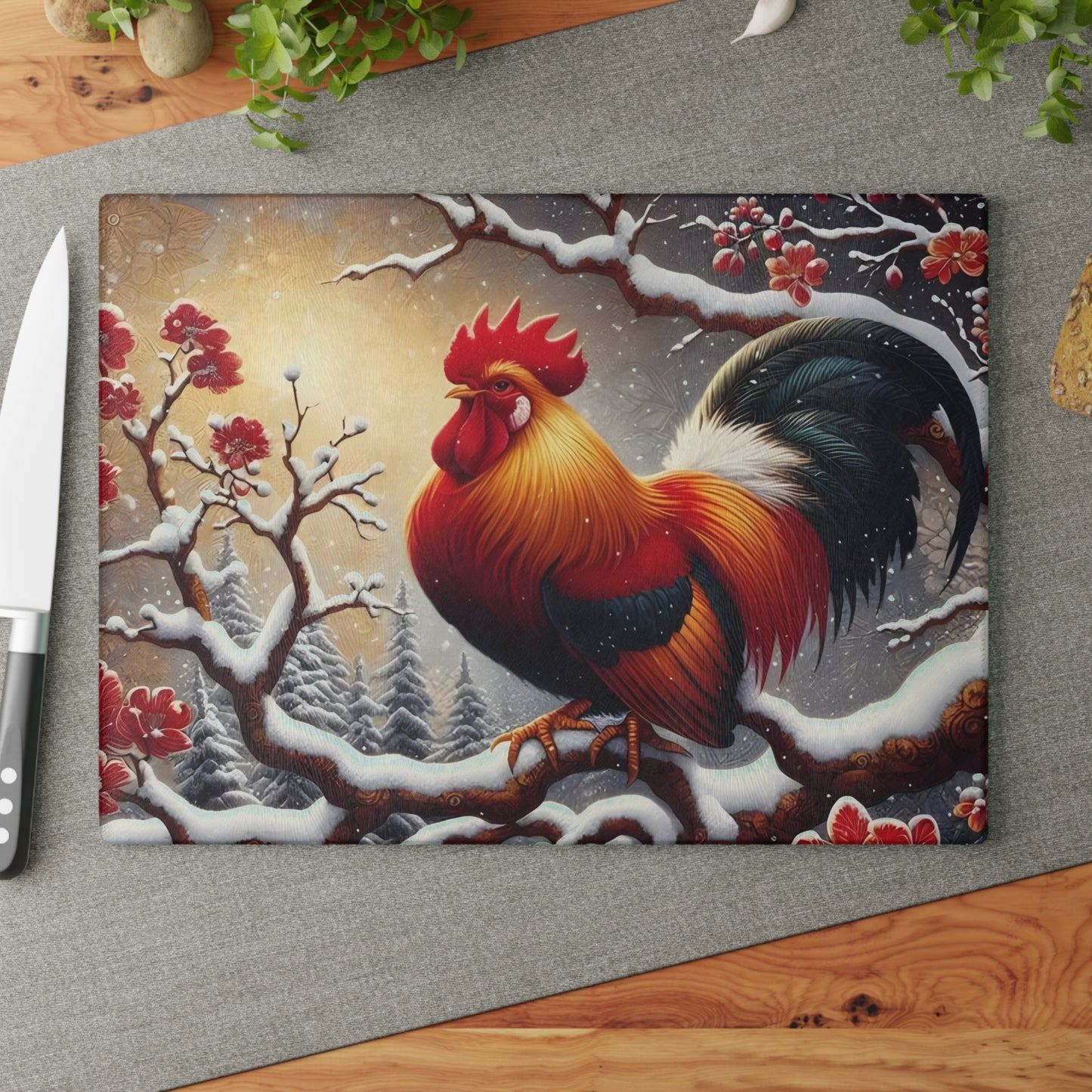 🐓❄️ Winter Rooster Cutting Board – Rustic Charm Meets Seasonal Elegance ❄️🐓
