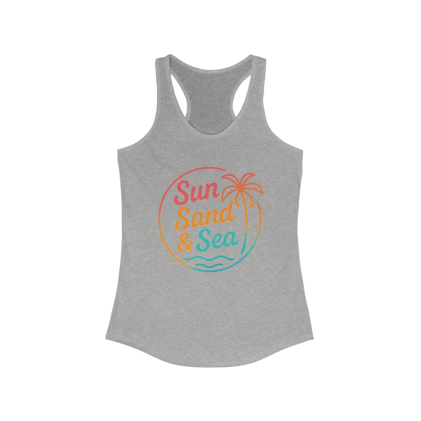 Camiseta de tirantes con espalda nadadora Sun Sand & Sea – Diseño tropical de verano | Camiseta de tirantes playera con estampado para mujer | 15 colores