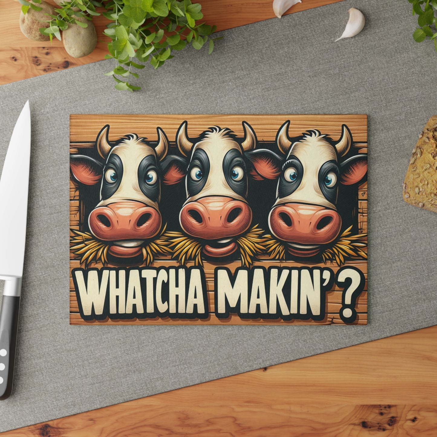 Tabla de cortar de vidrio "¿Qué haces?" – Humor de cocina con una vaca de dibujos animados 🧄🥕