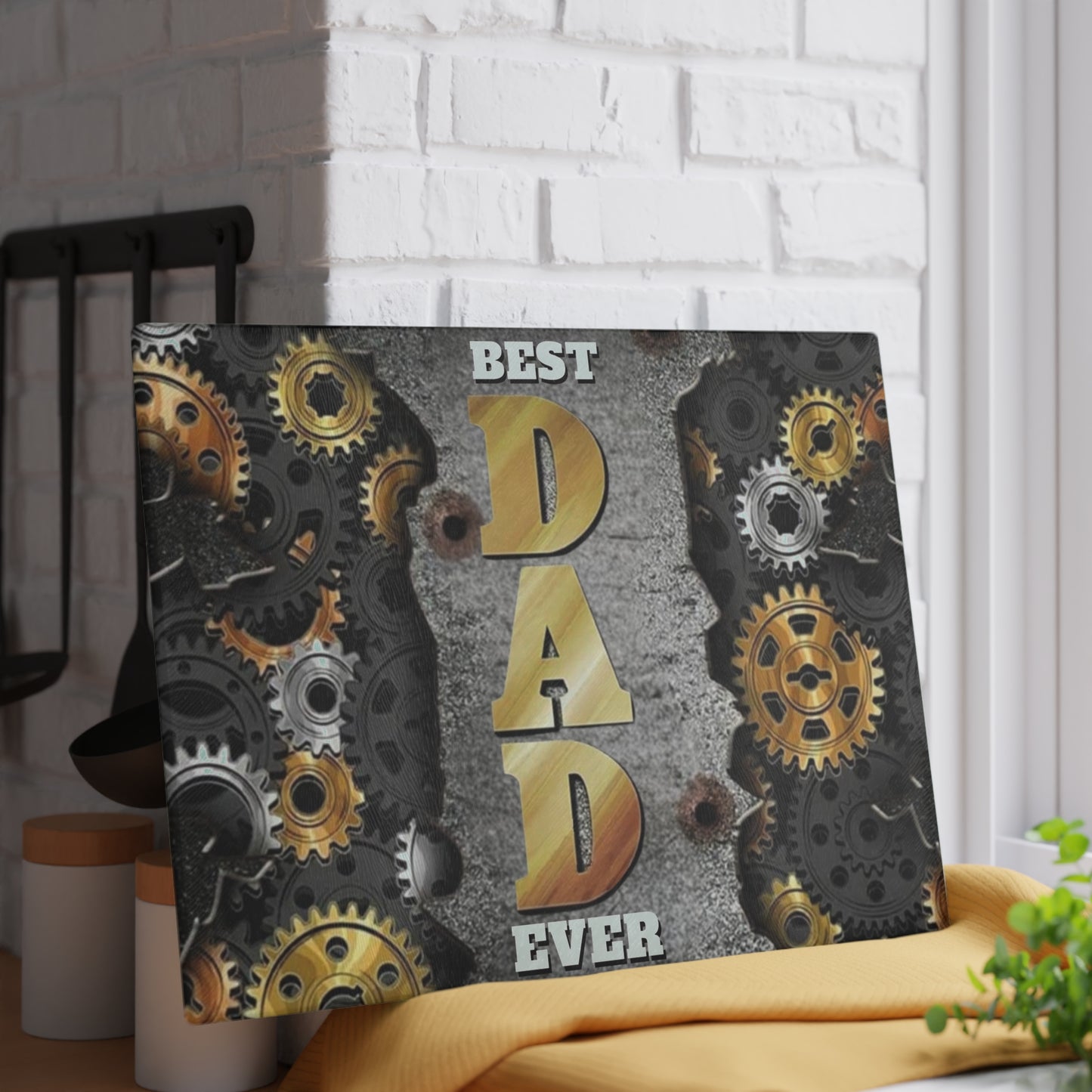 🍽️ BEST DAD EVER Glass Cutting Board – Industrial Gear Design