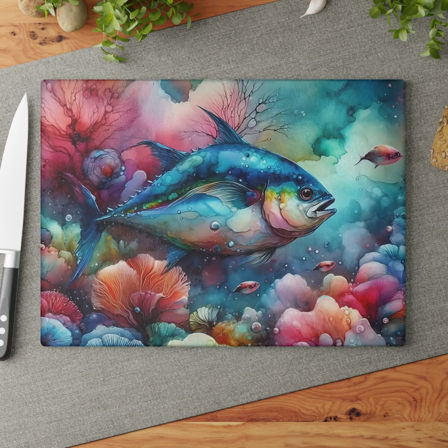 Tabla de cortar de vidrio con acuarela de atún: arte oceánico colorido para cocinas costeras y creativas