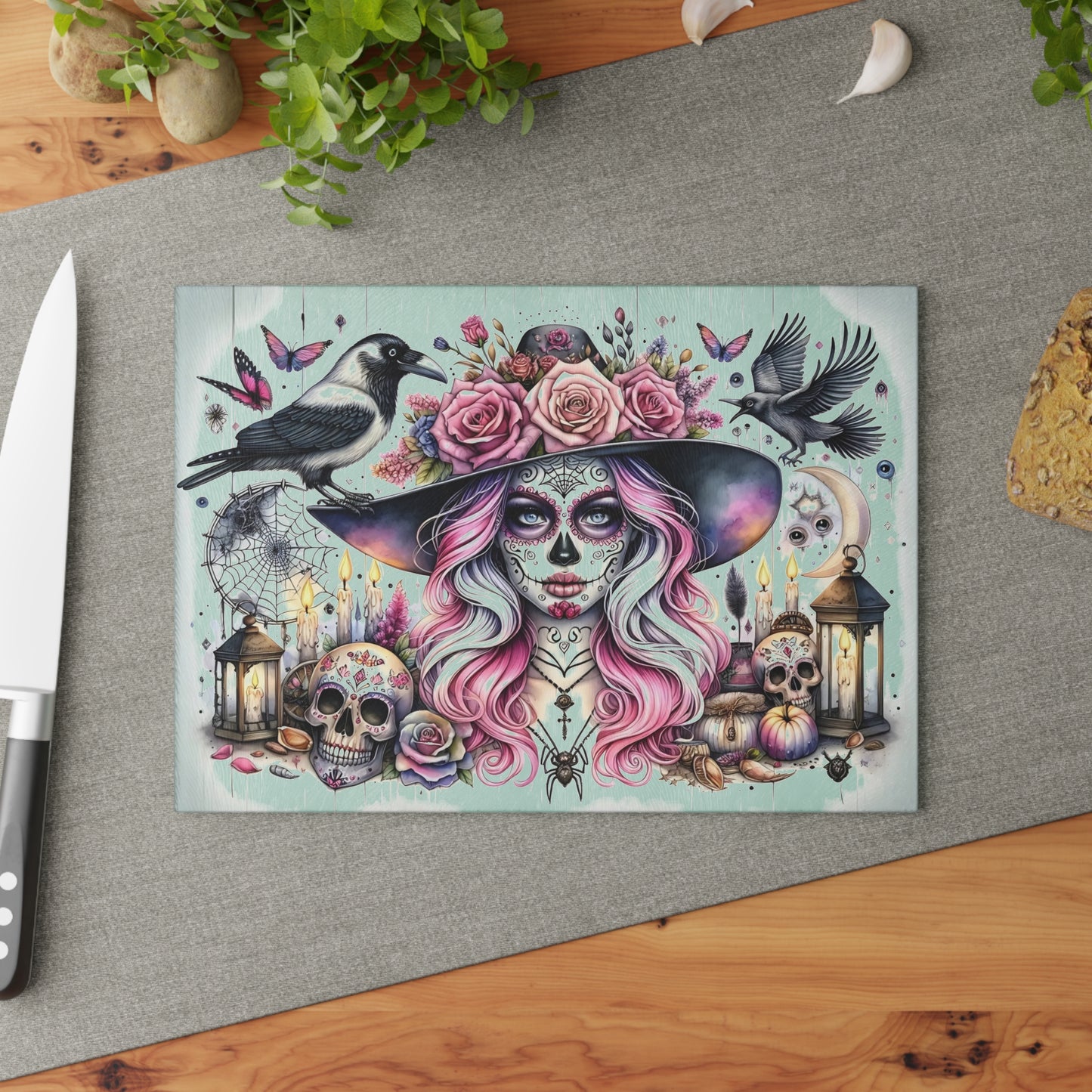 💀🌸 Enchanting Sugar Skull Witch Cutting Board – Mystical Elegance for Your Kitchen 🌙🕯️