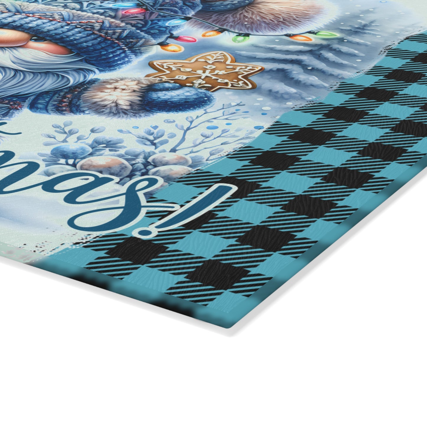 🎄 Blue Plaid Christmas Gnome Cutting Board – Cozy Holiday Charm with Festive Lights & Gingerbread Magic ❄️