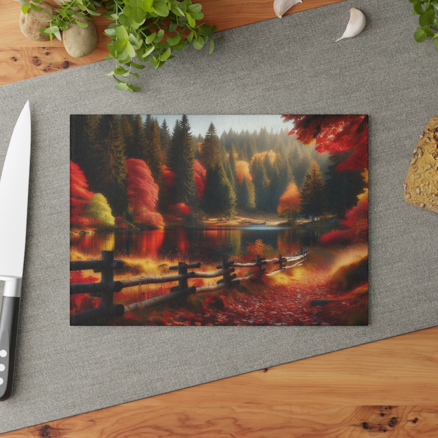 🍁 Autumn Lake Cutting Board – Peaceful Path & Golden Leaves for Your Kitchen