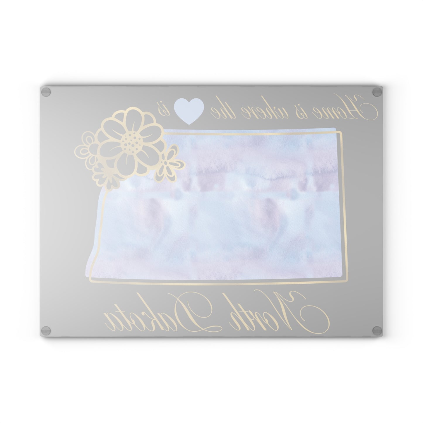 💙 North Dakota State Cutting Board – Soothing Blues with Prairie Heart Charm
