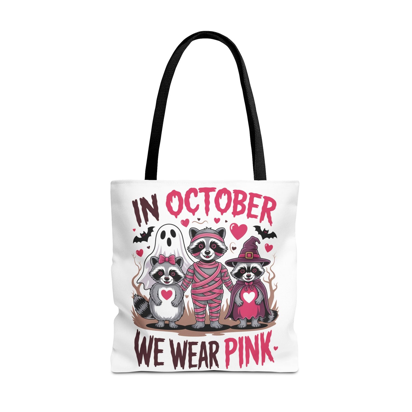 🎀 In October We Wear Pink Raccoon Halloween Tote Bag – Spooky Cute Awareness Style 🦝👜