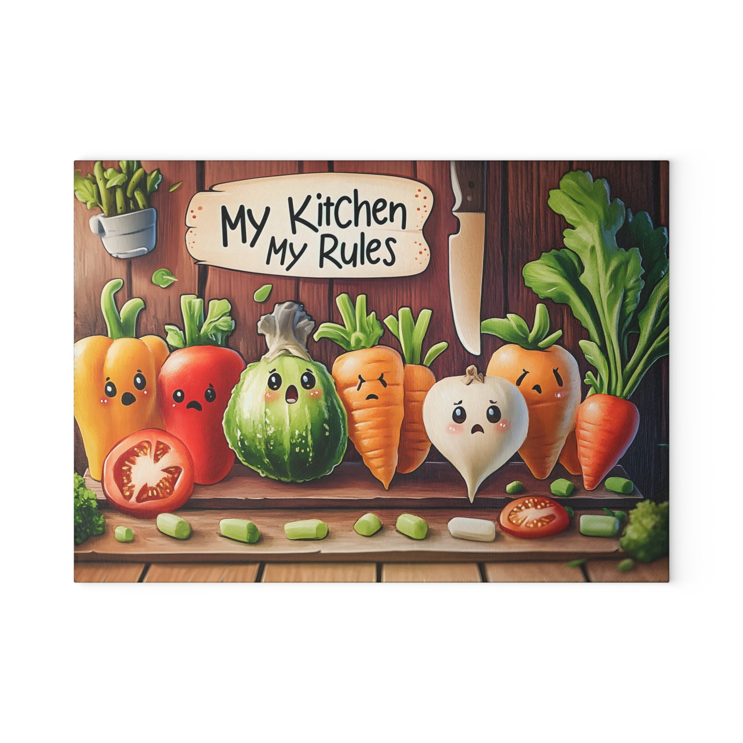 Tabla de cortar de vidrio “Mi cocina, mis reglas” – Verduras asustadas y humor de cocina atrevido