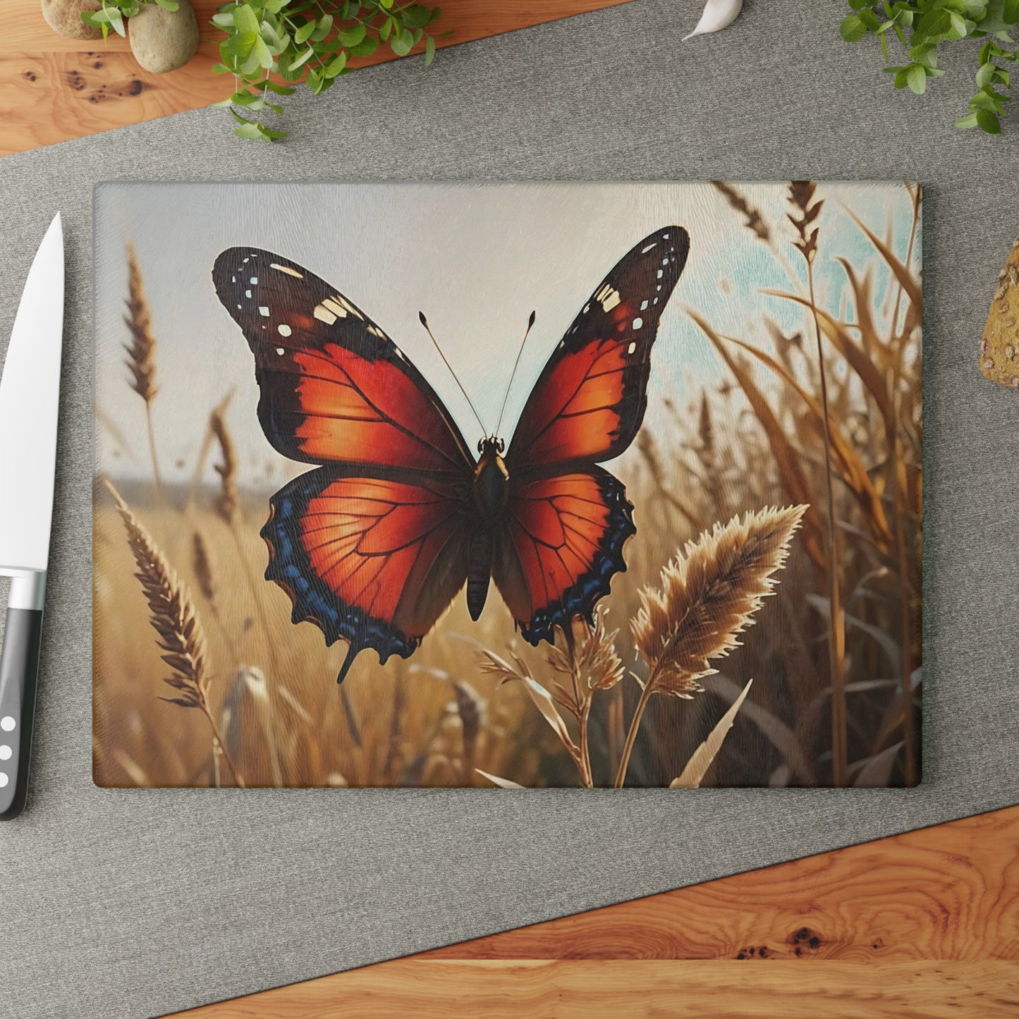 Hermosa tabla de cortar de vidrio con forma de mariposa, decoración de mariposas, tabla de cortar, decoración de cocina, arte de cocina, tabla para servir, regalo de pavo real, regalo de mariposa, tabla de cortar floral