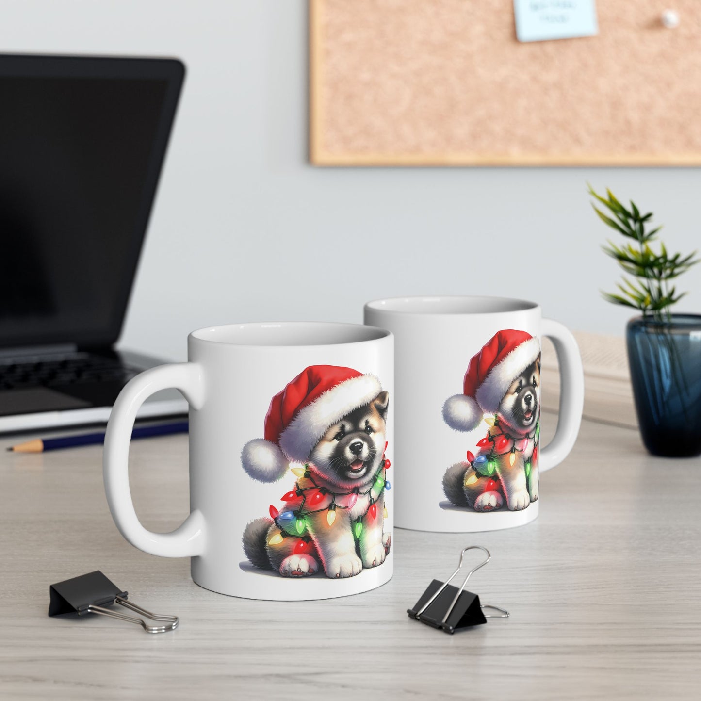 🎅 Akita Christmas Mug – Festive Puppy with Santa Hat & Holiday Lights 🎄