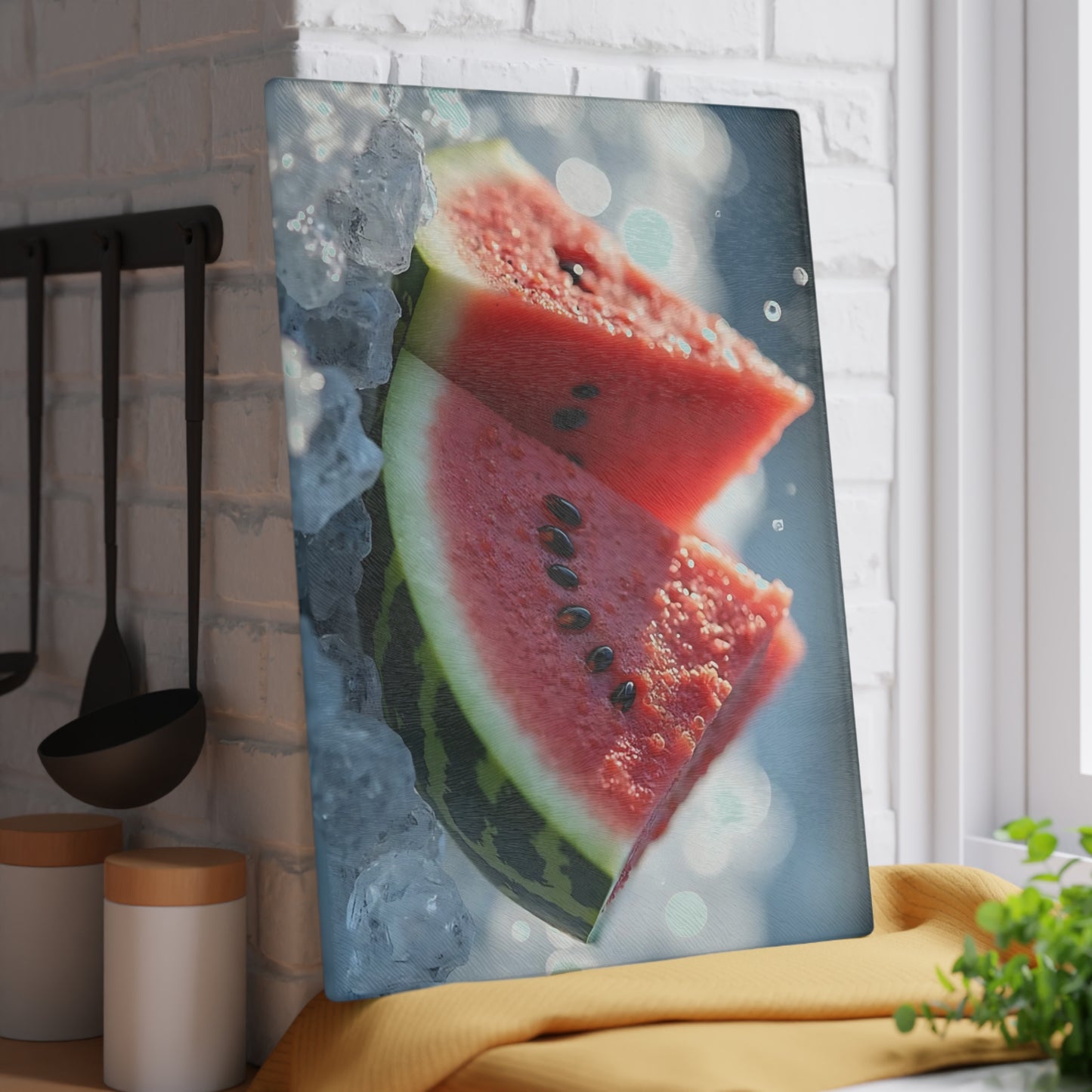 Tabla de cortar de vidrio con rodajas de sandía sobre hielo: una refrescante decoración de cocina de verano, un vibrante regalo con temática frutal.