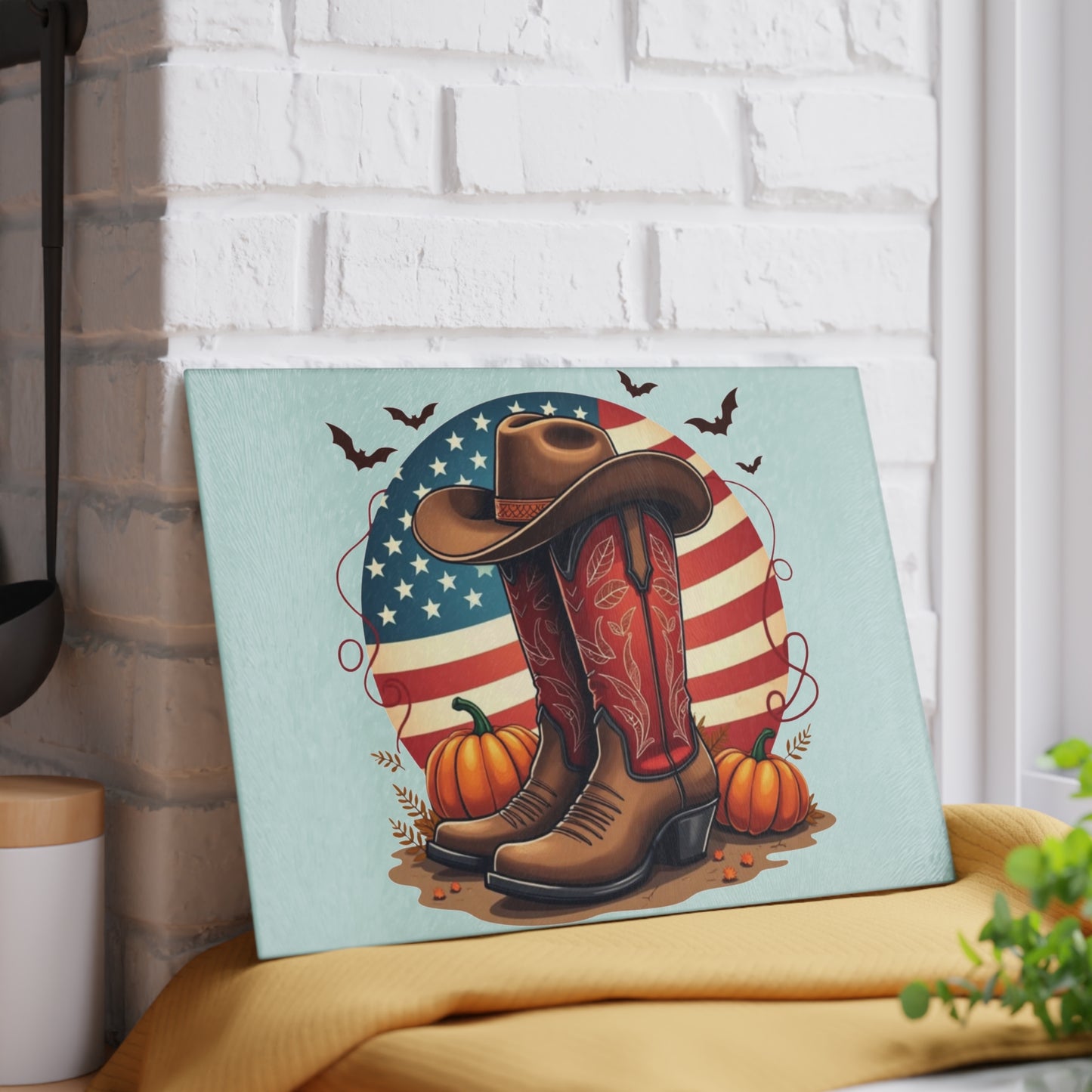 🤠🎃 Western Boots & Pumpkins Cutting Board – Rustic Autumn Charm for Your Kitchen 🇺🇸