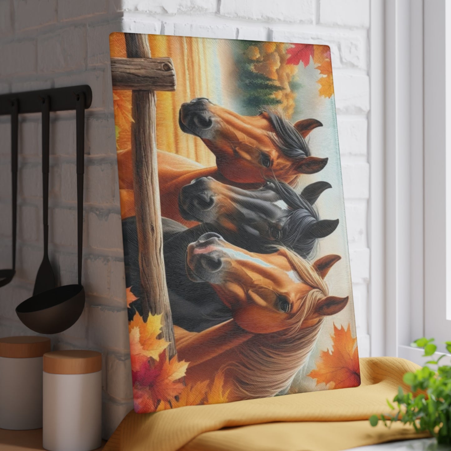 🐴 Autumn Horse Trio Cutting Board – Rustic Farmhouse Beauty 🐴