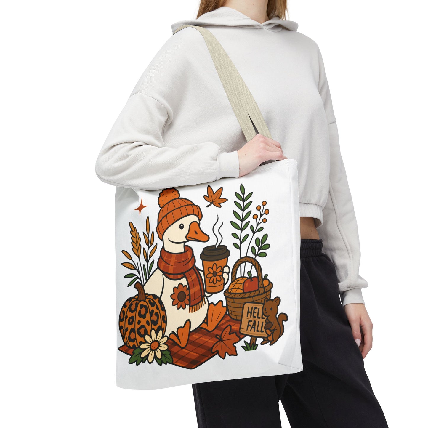 🧣 Hello Fall Cozy Duck Tote Bag – A Quirky Autumn Hug in a Bag 🍂🦆