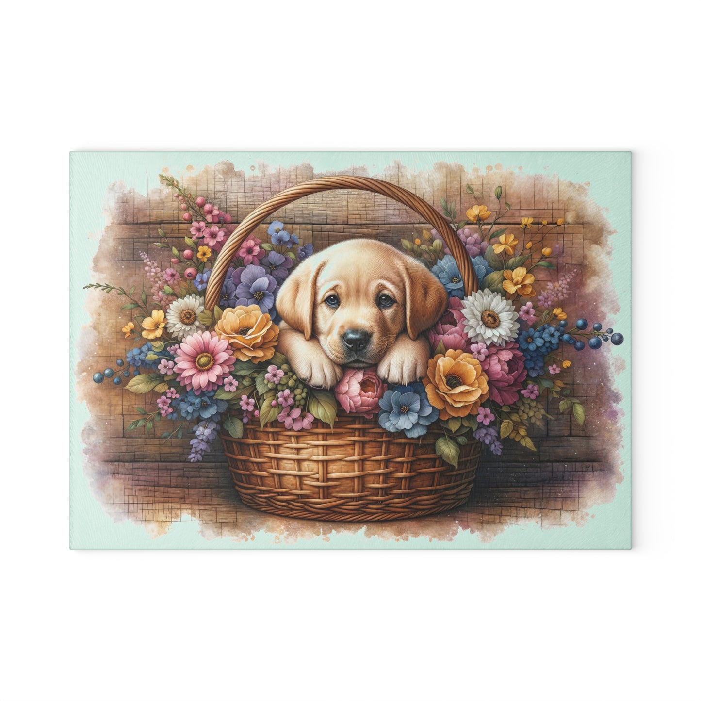 🐾🌼 Yellow Labrador Puppy in Basket Cutting Board – Rustic Charm with Floral Elegance 🌸