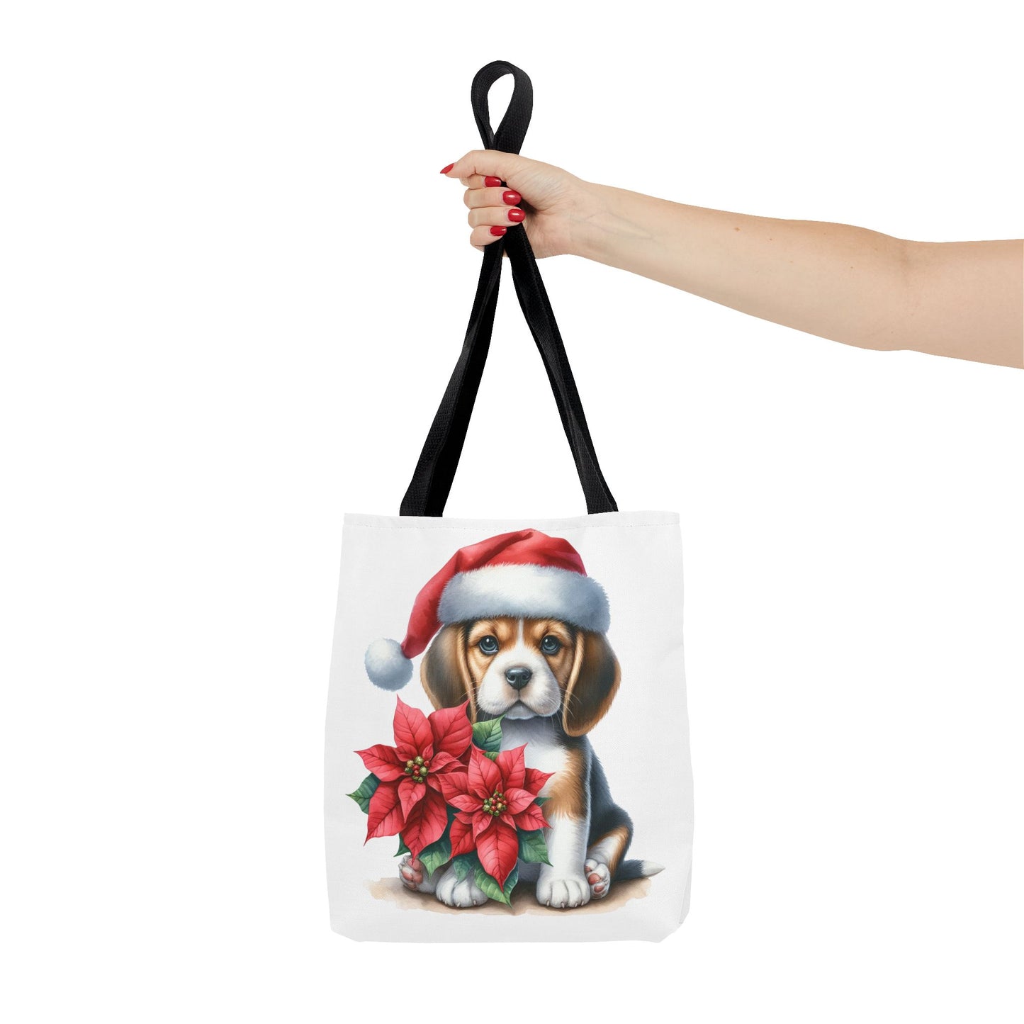 🐶 Beagle Puppy & Poinsettia Christmas Tote Bag – Sweet Holiday Charm in Every Step 🎄
