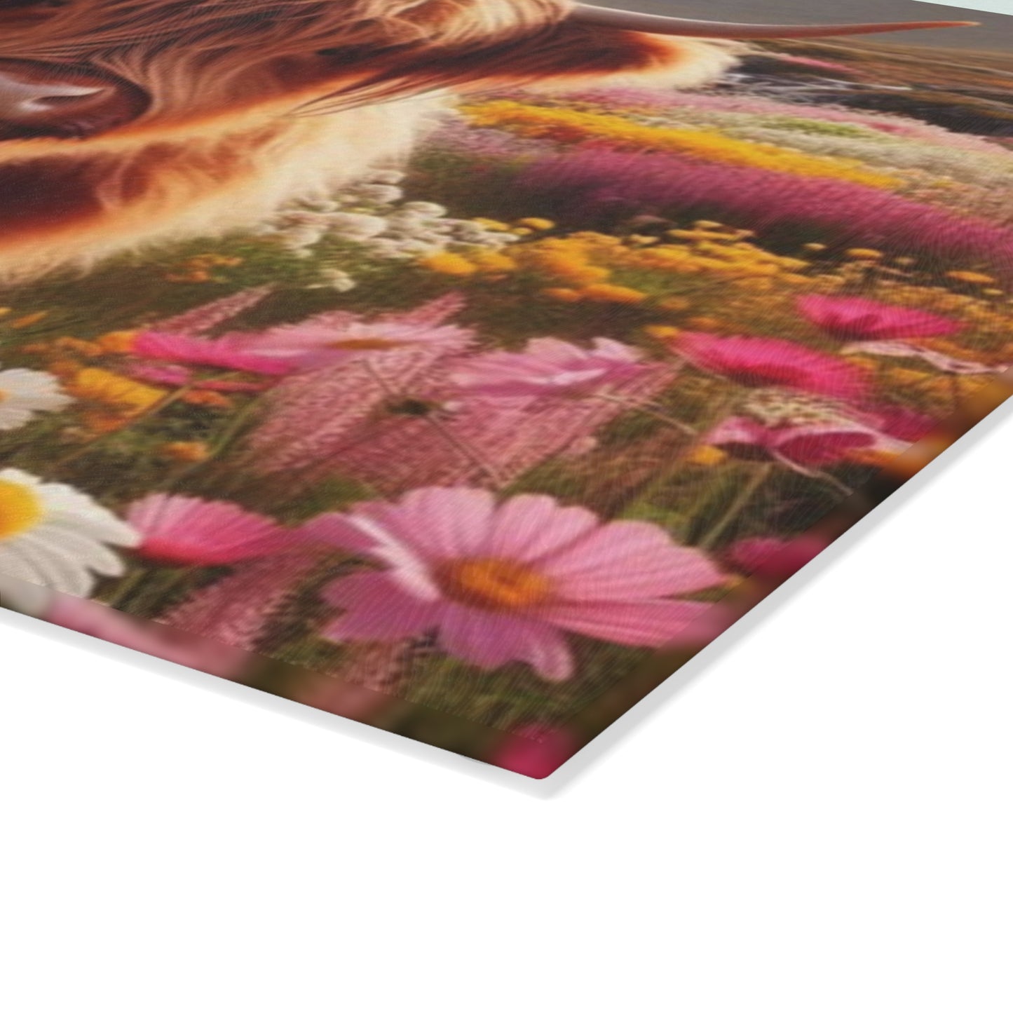 🐮 Highland Cow in a Field of Flowers – Rustic Floral Glass Cutting Board