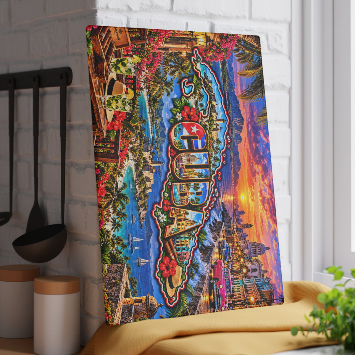 Cuba Map Cutting Board – Colorful Havana Landmarks, Classic Cars, Tropical Beaches, Cuban Flag & Caribbean Kitchen Décor