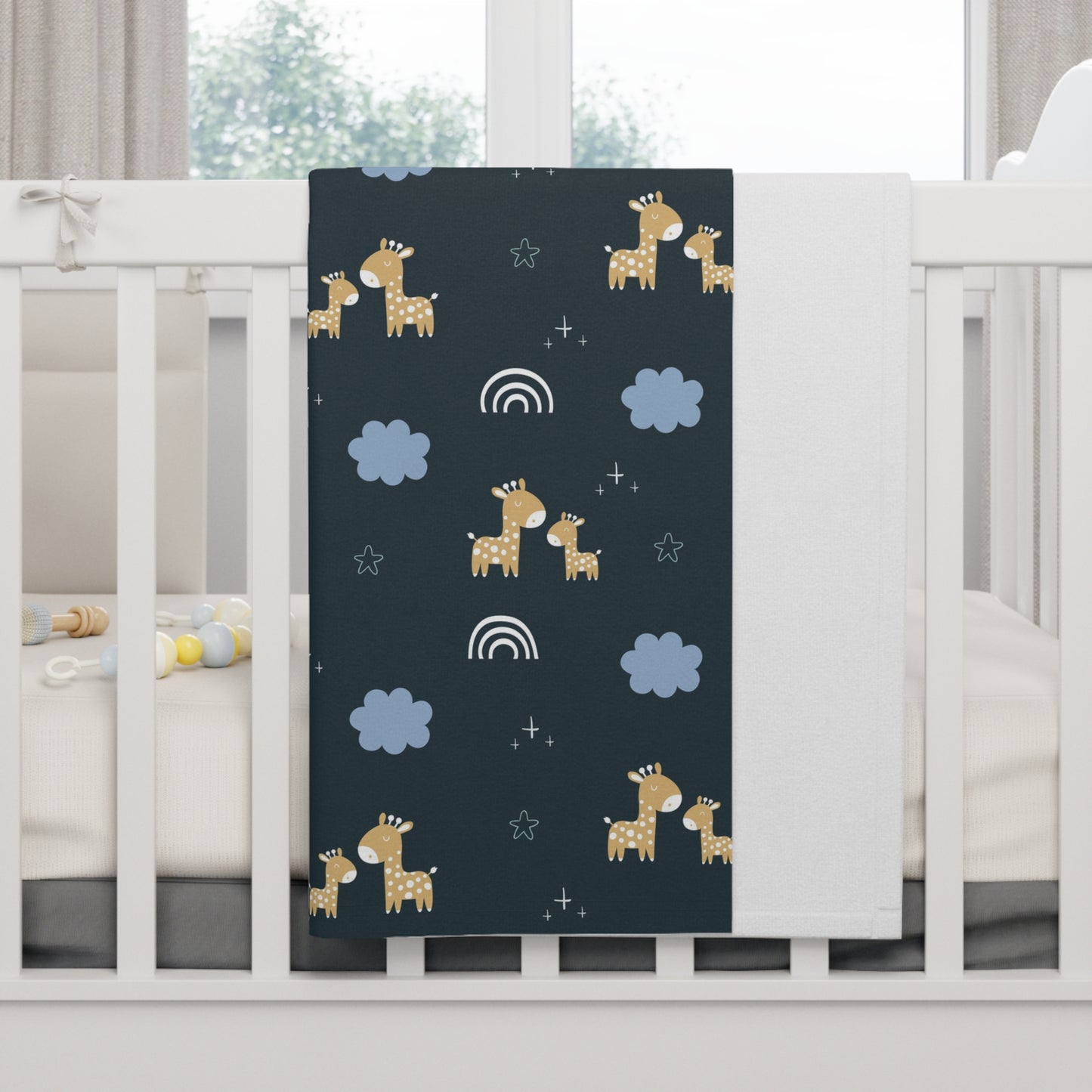 Midnight Giraffe & Rainbows Baby Blanket – Ultra-Soft Fleece 30″×40″ | Navy Nursery Cozy