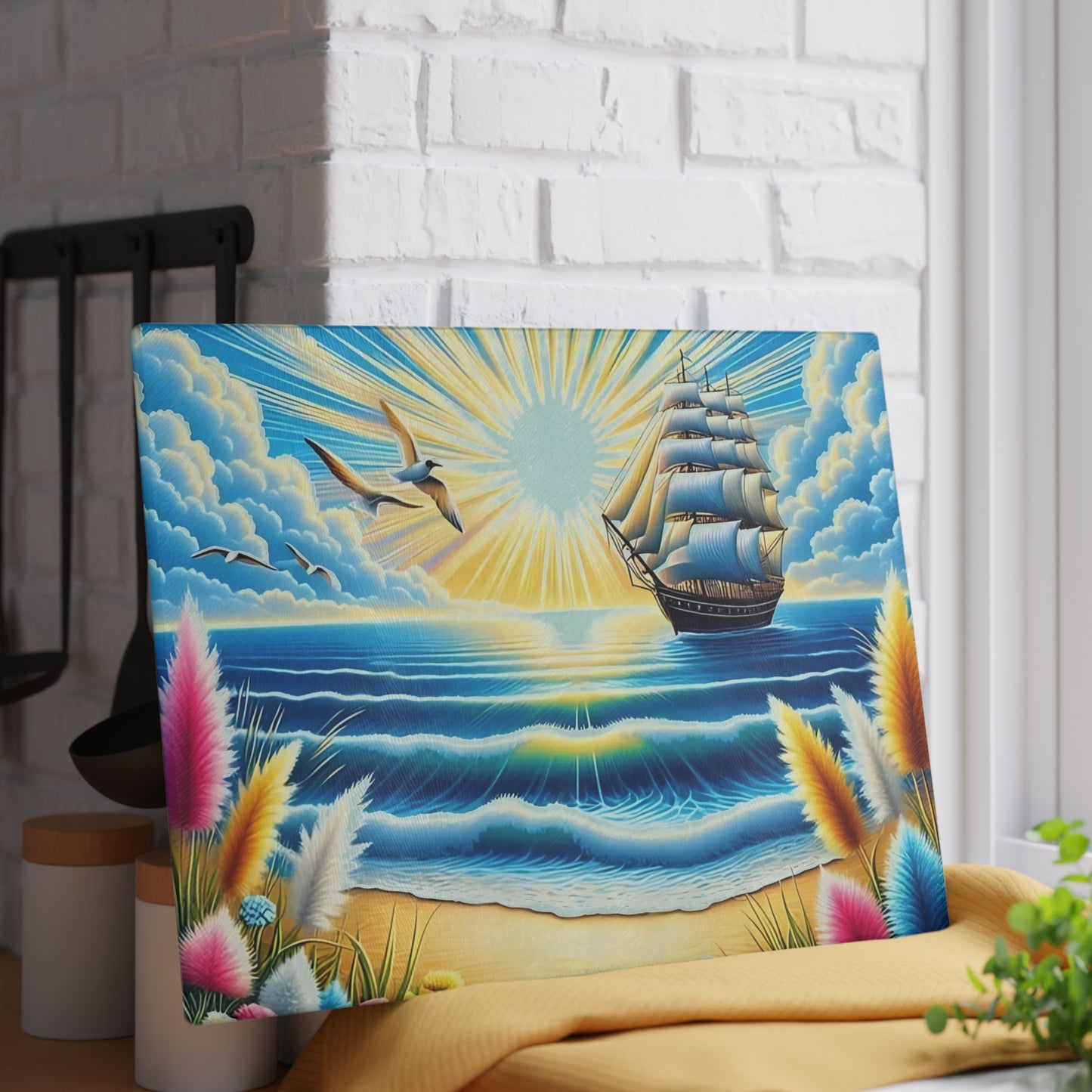 Tabla de cortar con un vibrante atardecer en el océano: decoración náutica de vidrio para cocinas costeras