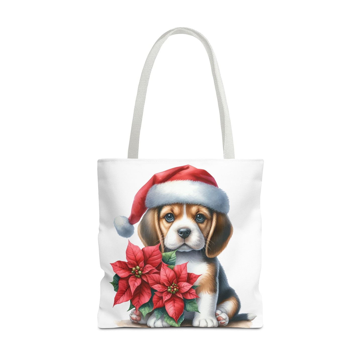 🐶 Beagle Puppy & Poinsettia Christmas Tote Bag – Sweet Holiday Charm in Every Step 🎄