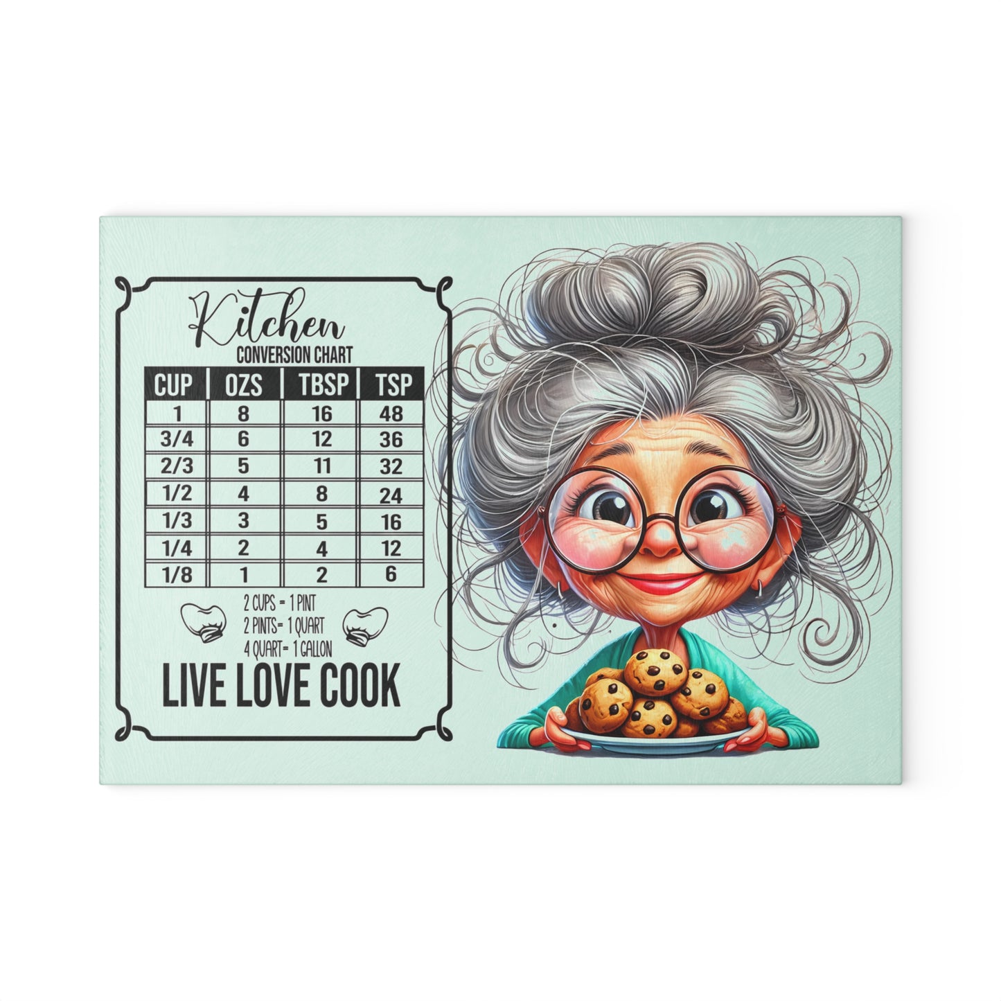 Tabla de cortar para cocina "Vive, ama y cocina": diseño original de abuela y gráfico de galletas