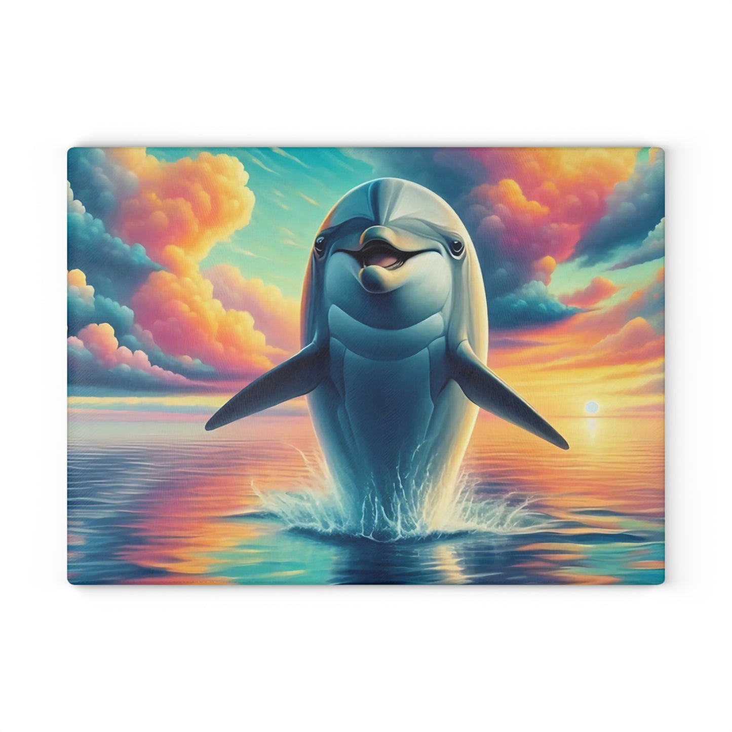 Happy Dolphin & Rainbow-Colored Clouds Glass Cutting Board – Whimsical Ocean Kitchen Art