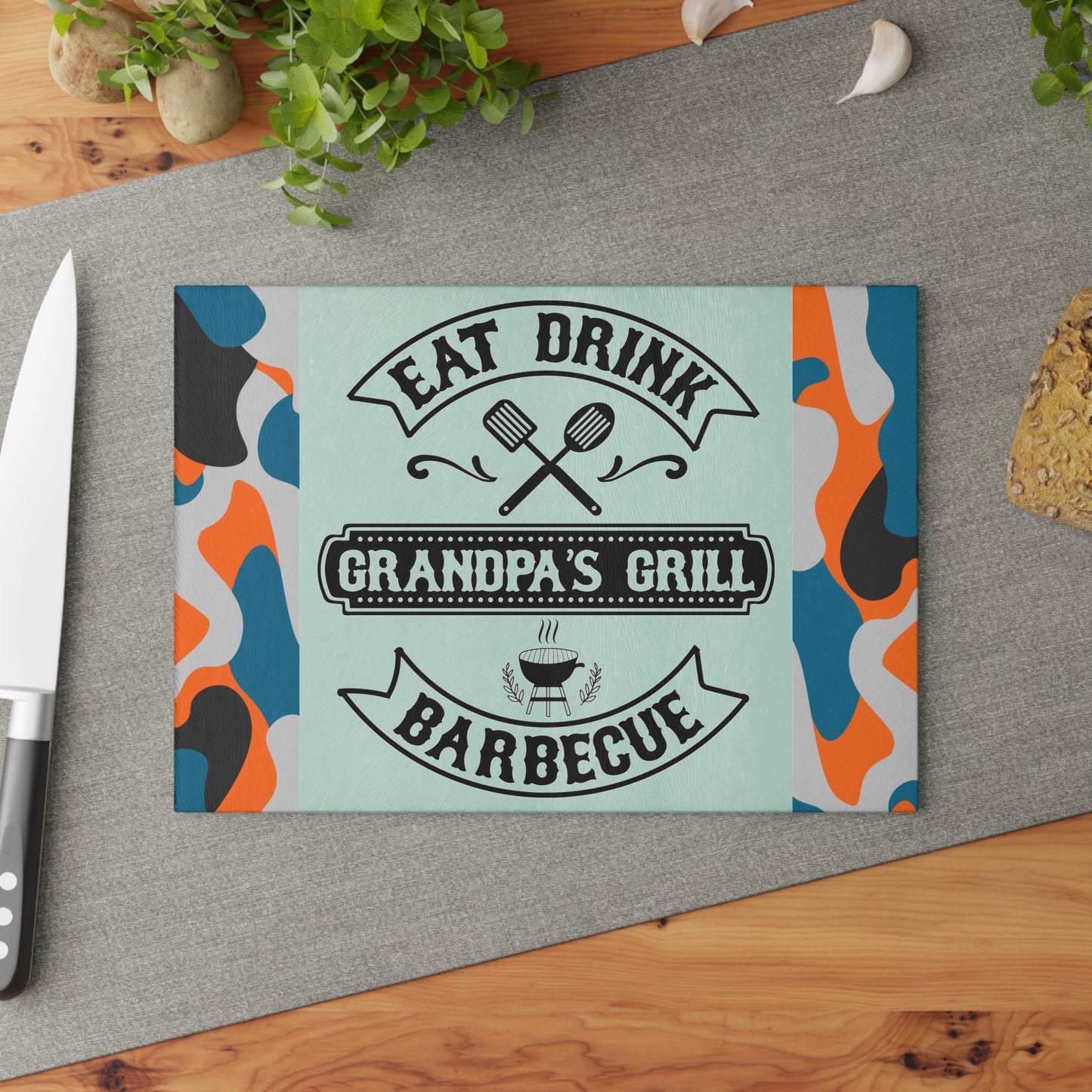 EAT DRINK GRANDPA’S GRILL BARBEQUE – Camo Glass Cutting Board for Backyard Kings 🧢🍔