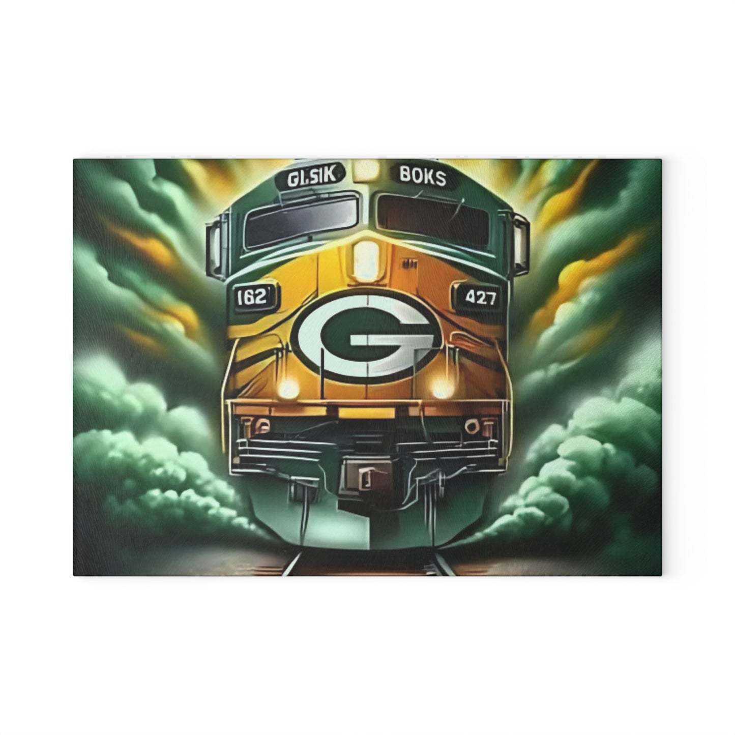 Tabla de cortar de vidrio verde y amarillo Express: exhibición vibrante de cocina de tren
