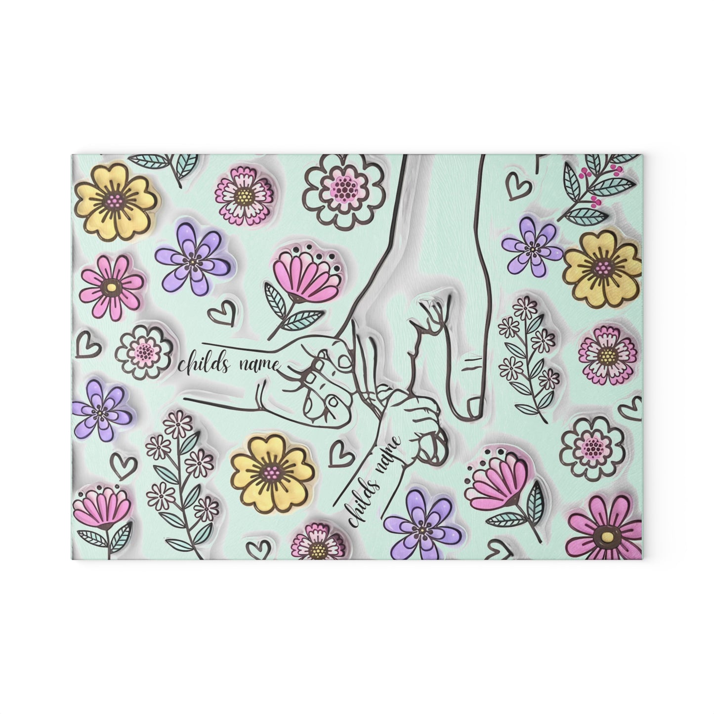 Tabla de cortar de vidrio templado personalizada con manos de madre | Arte floral 3D | Nombres personalizados para niños | Regalo para el Día de la Madre