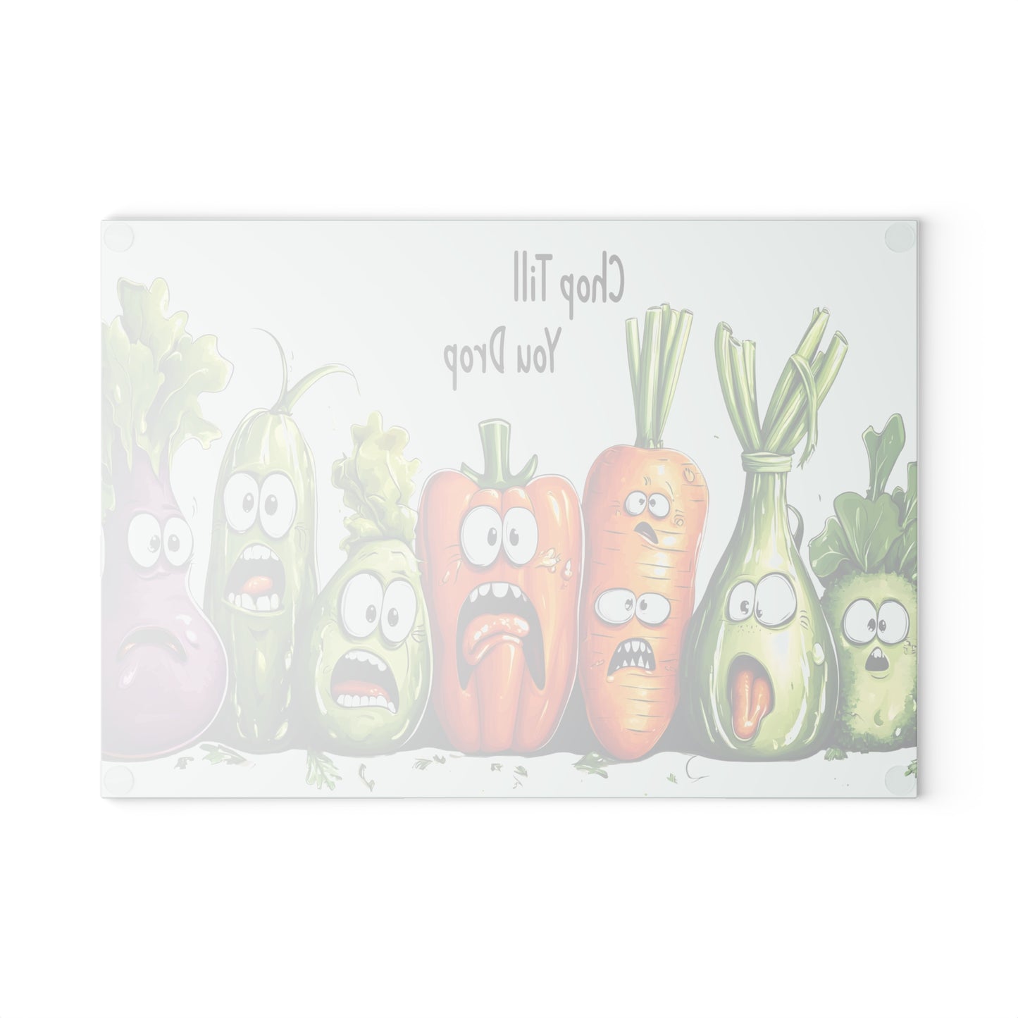 Tabla de cortar de vidrio “Chop Till You Drop” – Verduras que gritan y humor negro de cocina 😱🍅