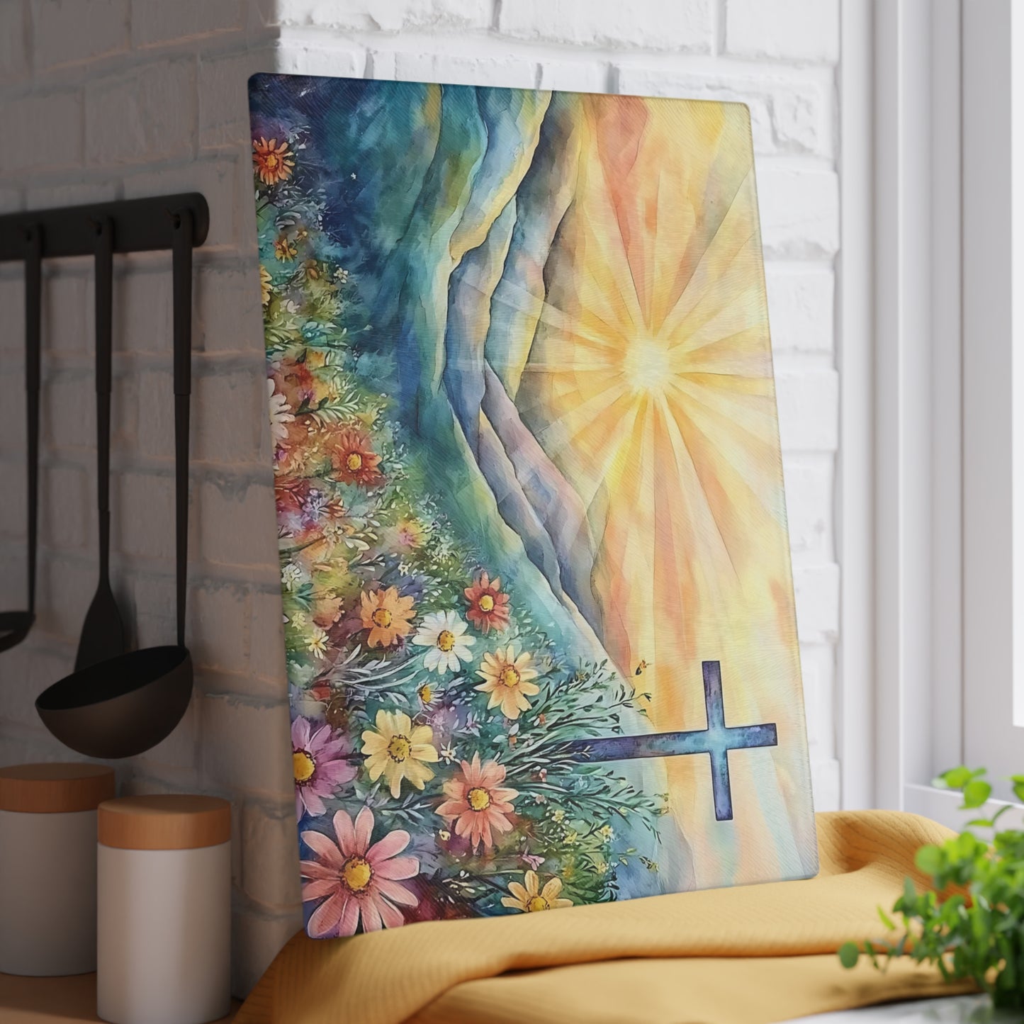 🌄🌸 Sunrise Mountain Cross Cutting Board – Peaceful Faith Kitchen Décor with Florals & Radiant Light ✝️✨