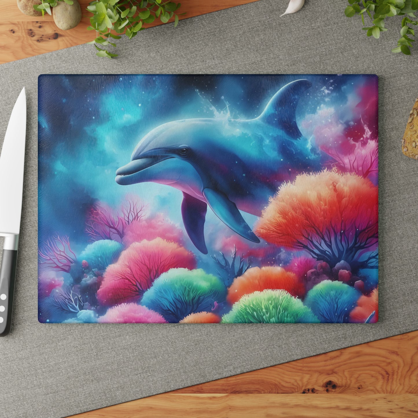Tabla de cortar de vidrio con diseño de delfín con brillo submarino: una vibrante escena oceánica para cocinas costeras