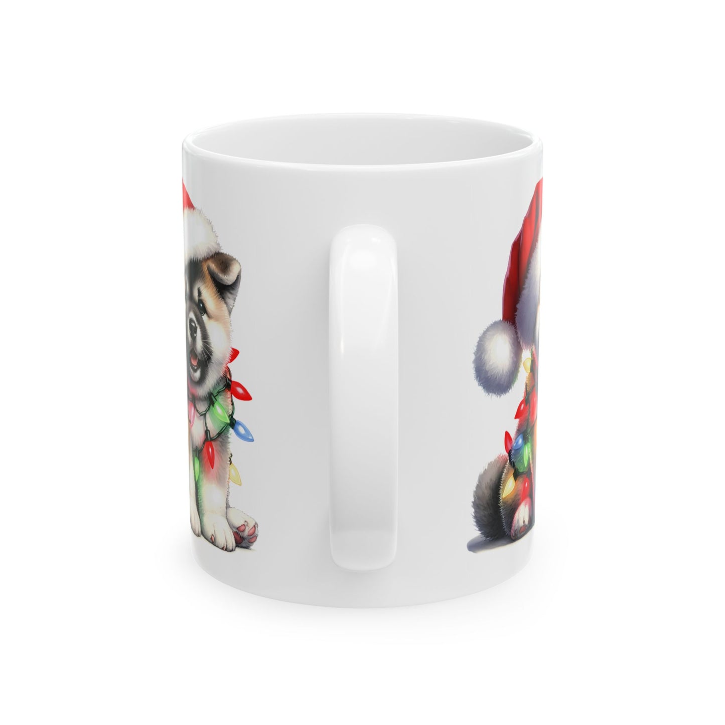 🎅 Akita Christmas Mug – Festive Puppy with Santa Hat & Holiday Lights 🎄