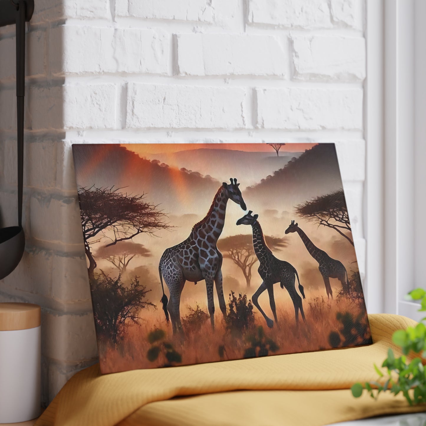 Tabla de cortar de vidrio con diseño de jirafa al atardecer, decoración de cocina, regalo de inauguración de la casa, regalo para amantes de los animales, regalo personalizado de vidrio templado, tabla de charcutería