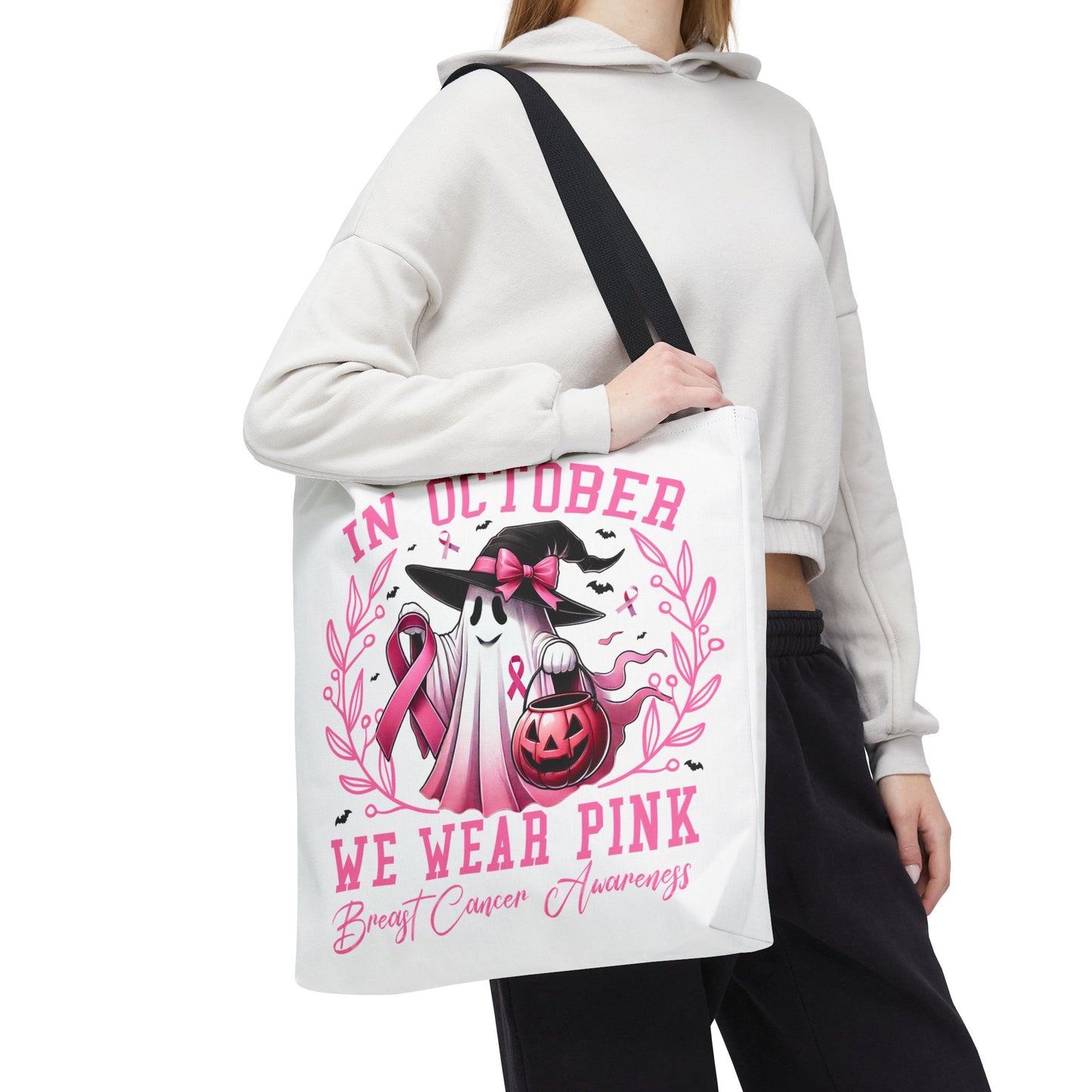 🎀 In October We Wear Pink Tote Bag – Breast Cancer Awareness with Spooky Charm 🎃