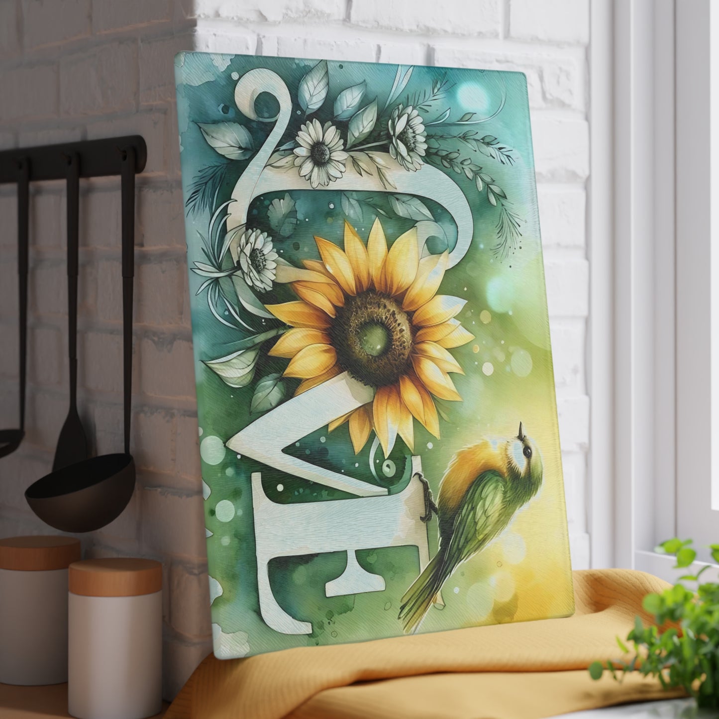Tabla de cortar, diseño de amor con pájaros y girasoles, decoración de cocina, bandeja de vidrio para servir, regalo de inauguración de la casa, utensilio de cocina